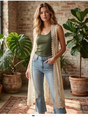 Poof New York Cream lace Vest Duster  Size Small boho chic Hippie  70's